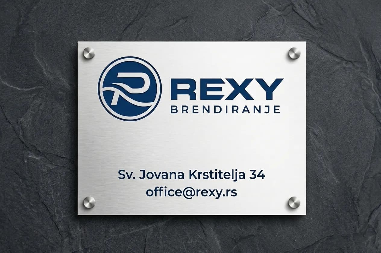 Rexy tabla od četkanog aluminijuma na kamenom zidu — logotip, adresa Sv. Jovana Krstitelja 34 i office@rexy.rs